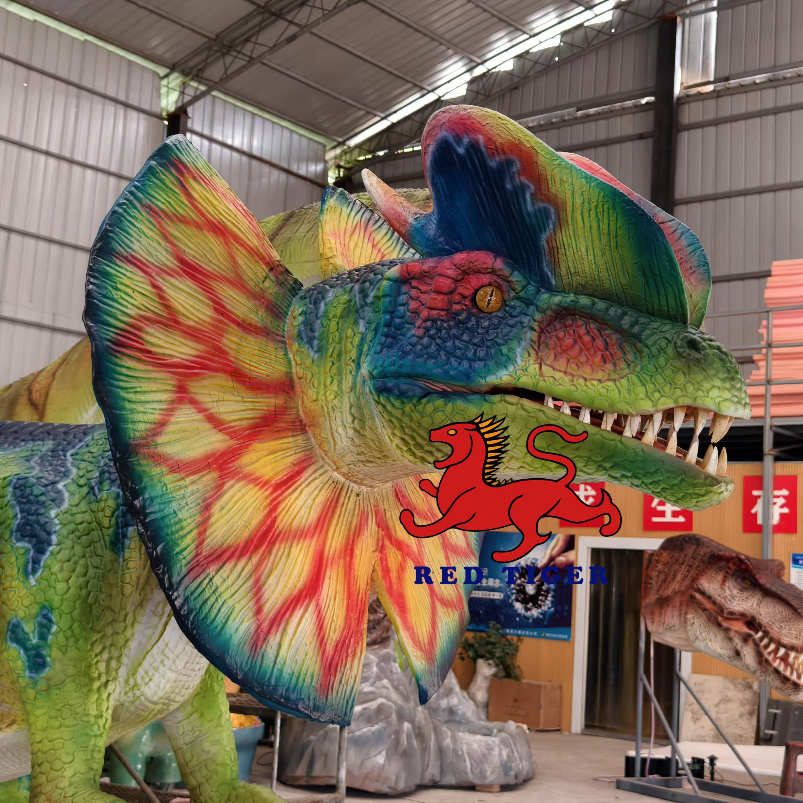 Jurassic Dino World Amusement Park Robot Simulation Mechanical Life Size Lifelike Dinosaur Dilophosaurus for Exhibition