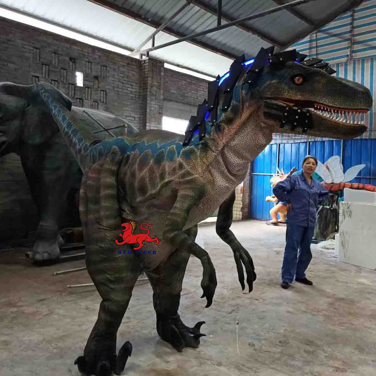 High Quality Realistic Hidden Legs Walking Dinosaur Raptor Costume for Theme Park & Amusement Park